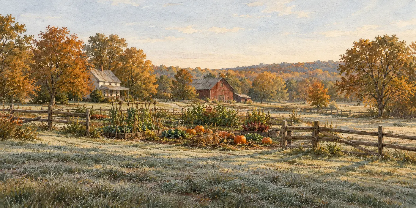 A North Carolina farm in late October: rust and gold trees, pumpkins in a bed, frost on the shaded grass.