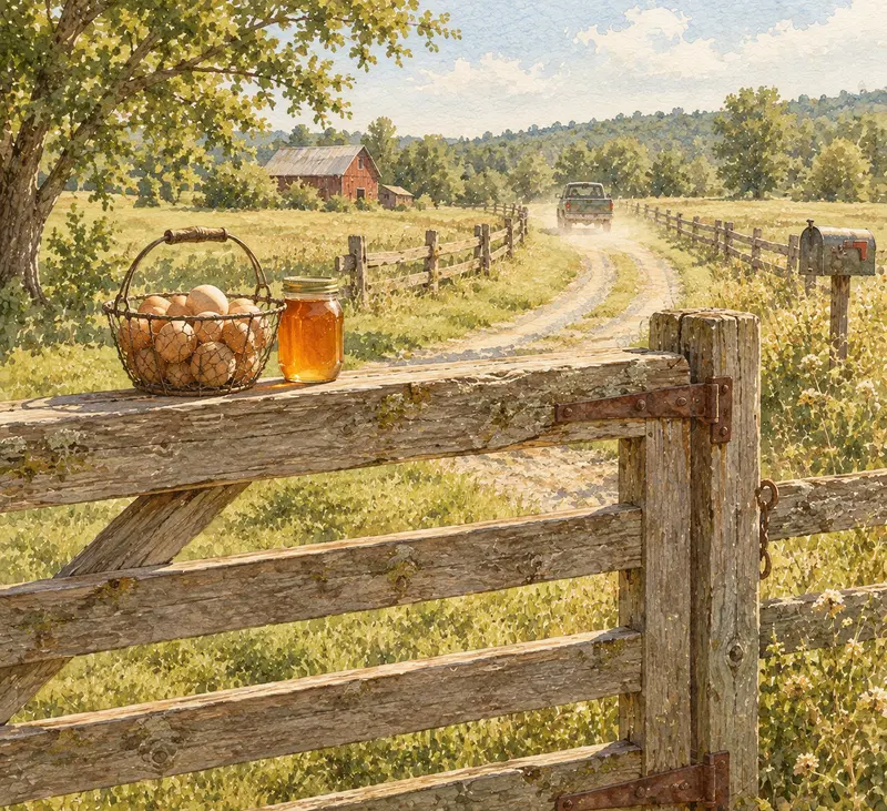 A basket of eggs and a jar of honey left on a farm gate for a neighbor, with a gravel lane beyond.