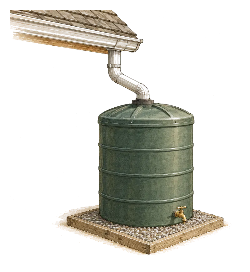 A downspout feeding a green water tank on a gravel pad.